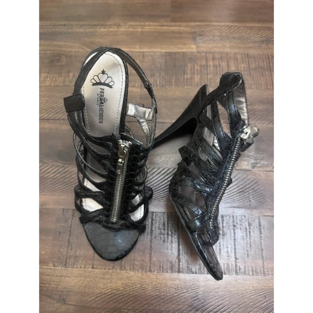Fergalicious Sandals Womens 7 Black Excellent Strappy Front Zip Stiletto Heels